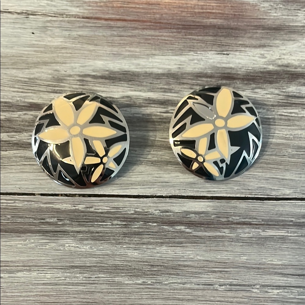 Floral Black and Cream Button Earrings